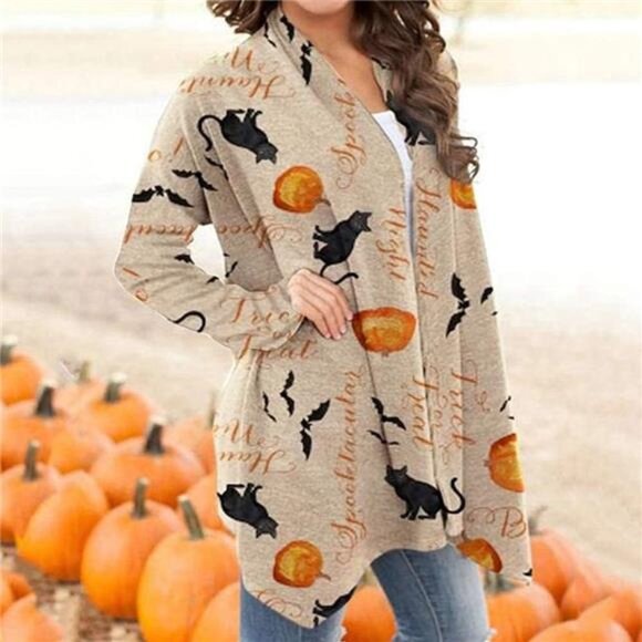 Women's Halloween Cat & Pumpkin Cardigan – Long Sleeve, Open Front Knit Sweater - Picture 3 of 5